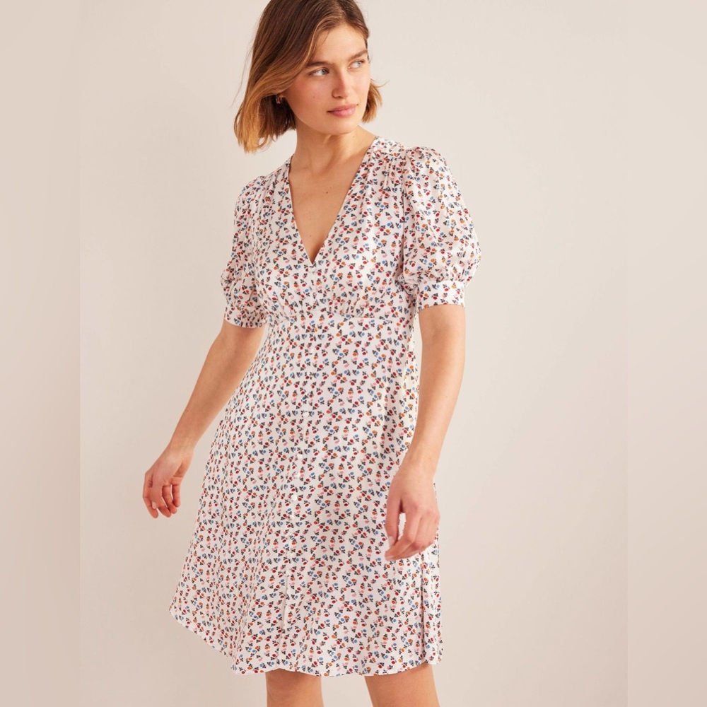 Boden Satin Tea Dress Short Puff Sleeve Mini Floral Ivory Sweet Daisy 12 L Tall